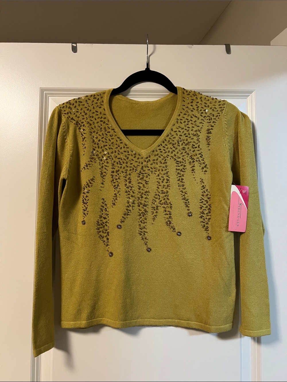 Beaded, Embellished dark golden V-Neck Sweater - Women